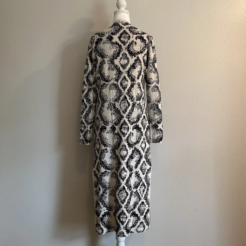 100% Cotton‎ Longline Maxi Duster Cardigan Black Cream Geometric Print S